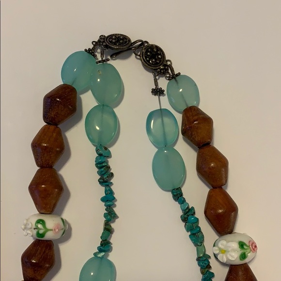 Turquoise Glass Wood and Hand Painted Bead necklace - Picture 5 of 5
